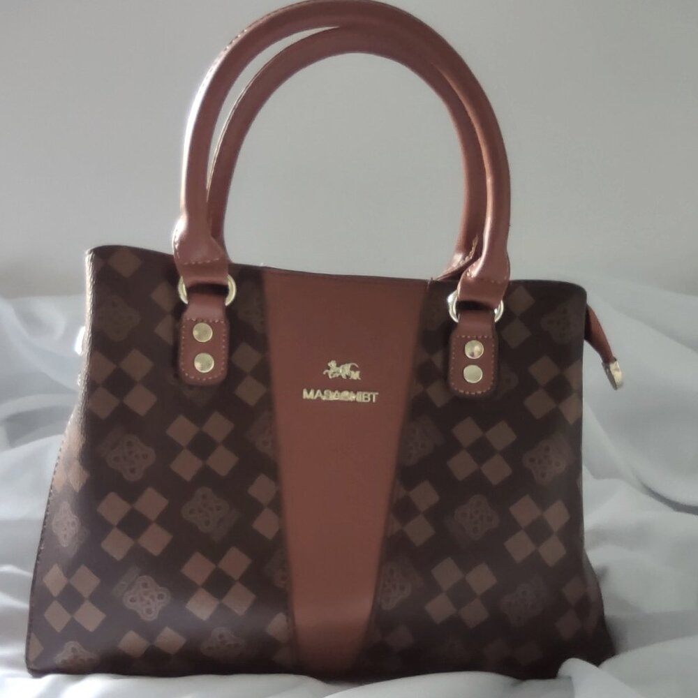 ZK&WK Womens Satchel Handbag Shoulder Bag Purse Brown w/ Print All Over NWOT